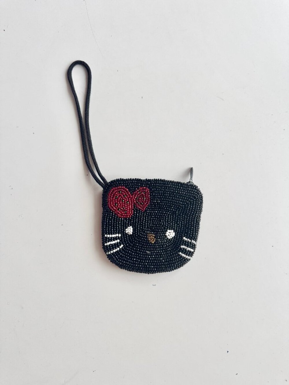 HELLO KITTY Black Beaded Satin Small Coin Pouch Change Purse w/ Wristlet Strap